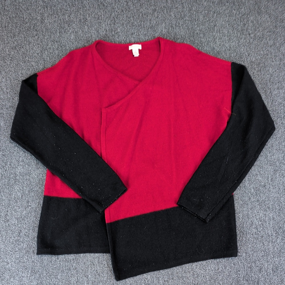 Chico's Colorblock Asymmetric Wrap‎ Sweater Women Size 2 Red Black 100% Wool